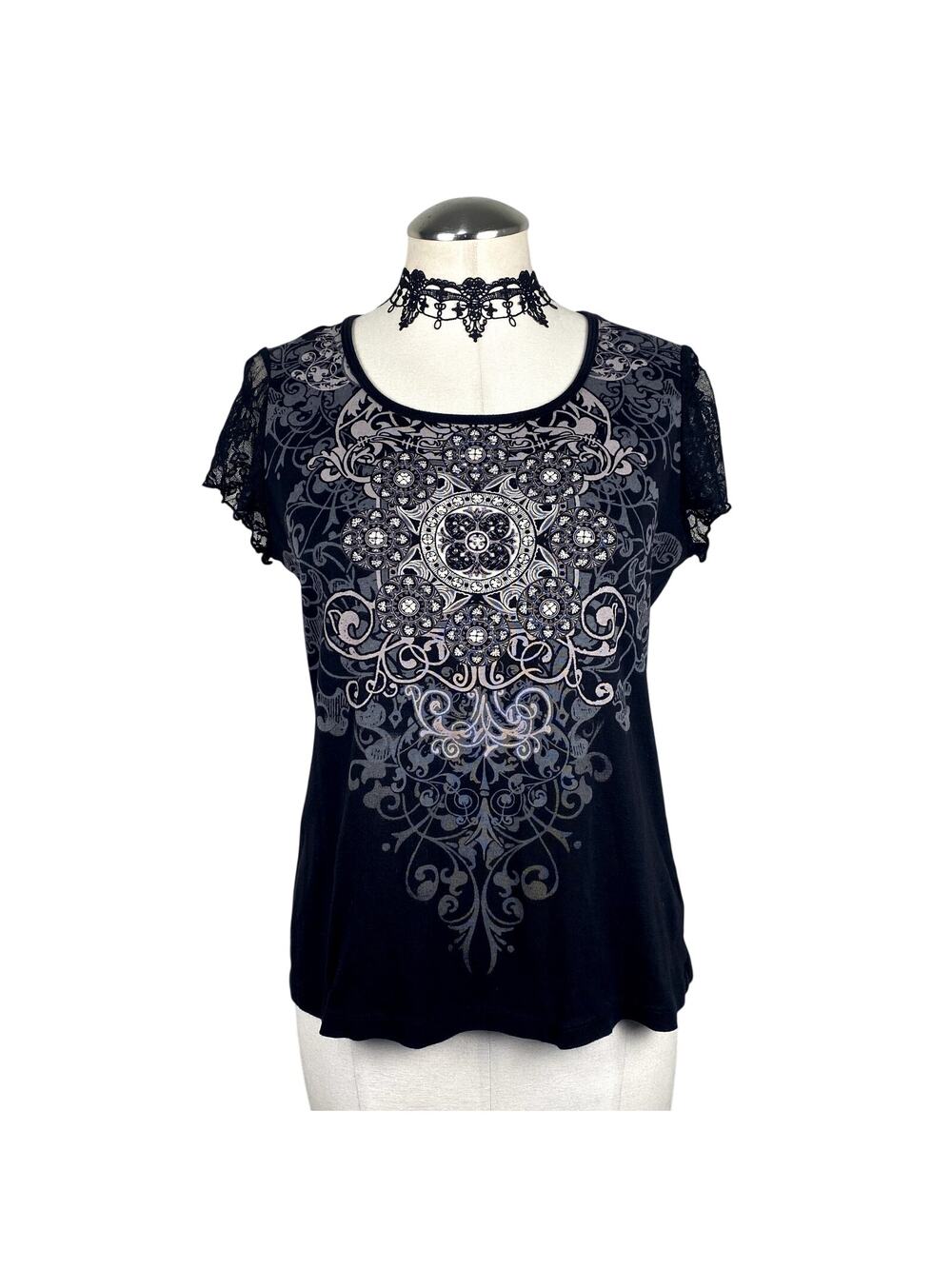 Vtg Y2K Blue Canyon Embellished Mandala Whimsygoth Gothic Alt Emo Boho Tee Sz M